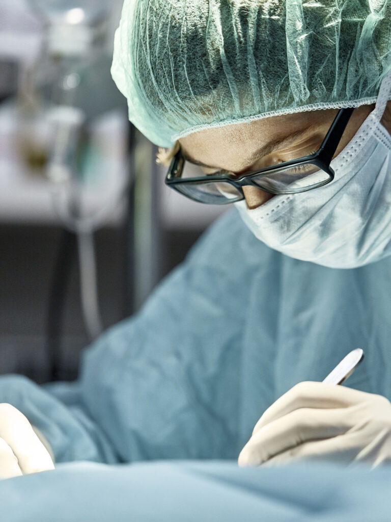 Close-up of veterinarian examining dog in hospital. Female surgeon performing medical procedure on animal.